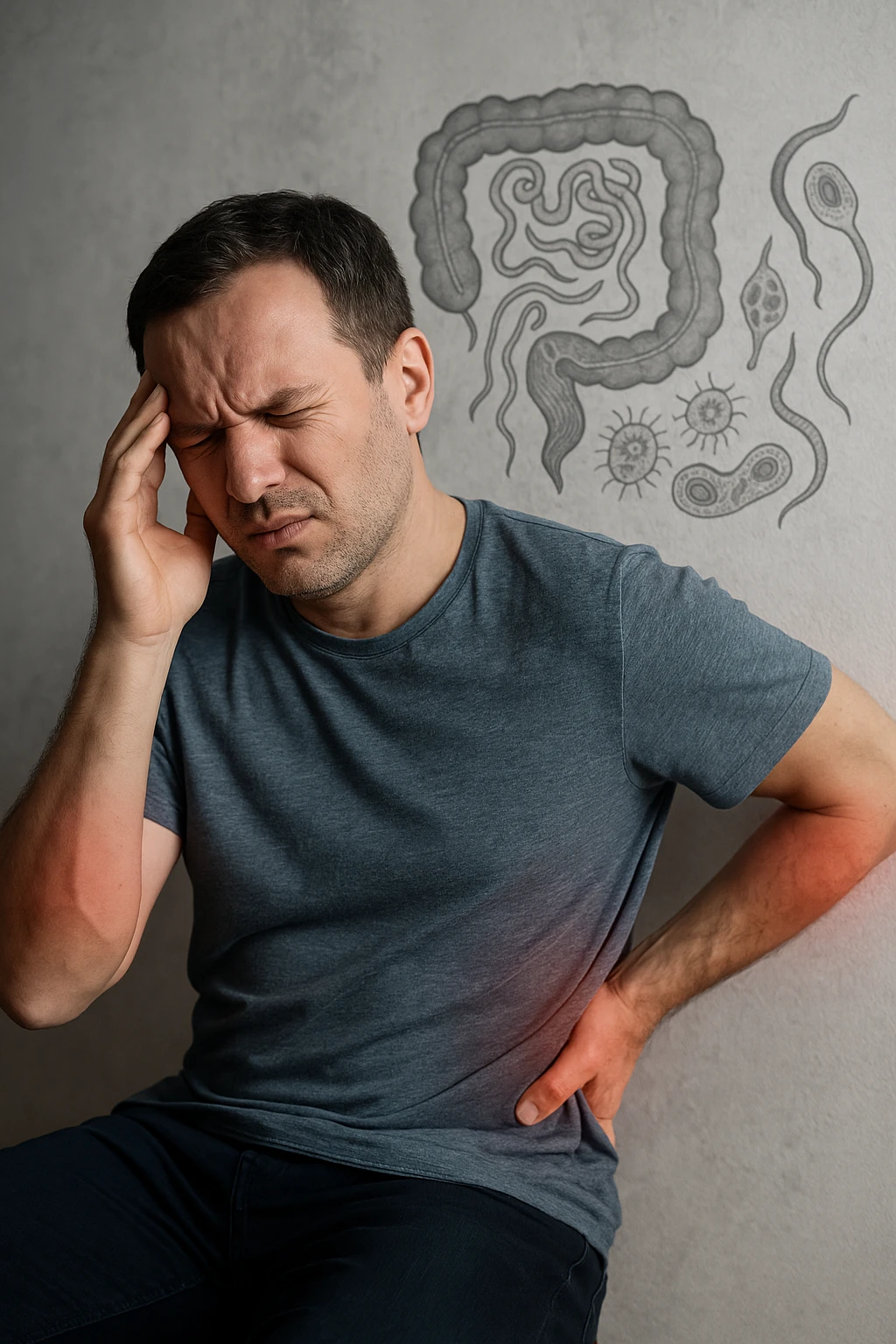 uomo che ignora i suoi un mal di testa, mal di schiena e dolore articolare e ignora ogni segnale e messaggio che il corpo manda per avvertirlo, ma alla fine dipendono tutto dai parassiti intestinali realistica emoji