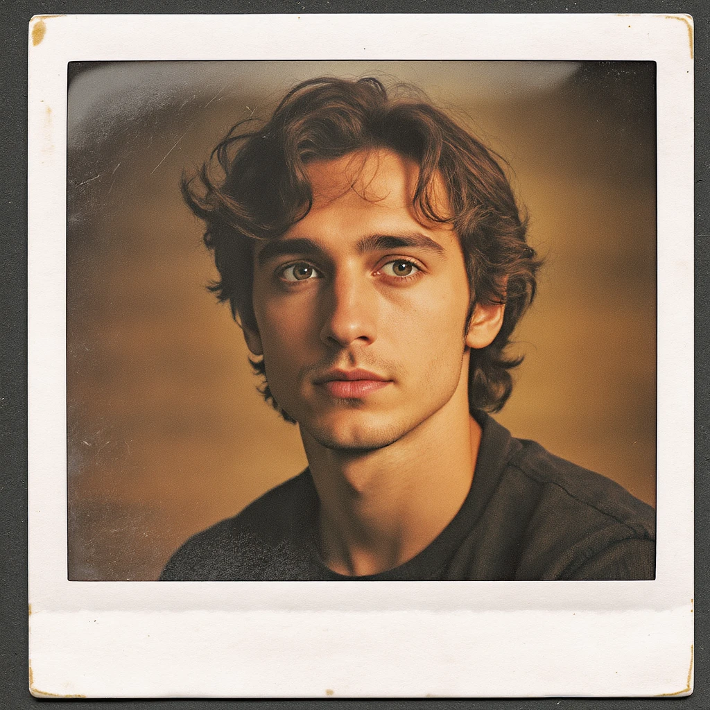 portrait illustration of Timothée Chalamet, the actor, with wavy hair and a thoughtful expression, warm tones, classic instant photo border emoji