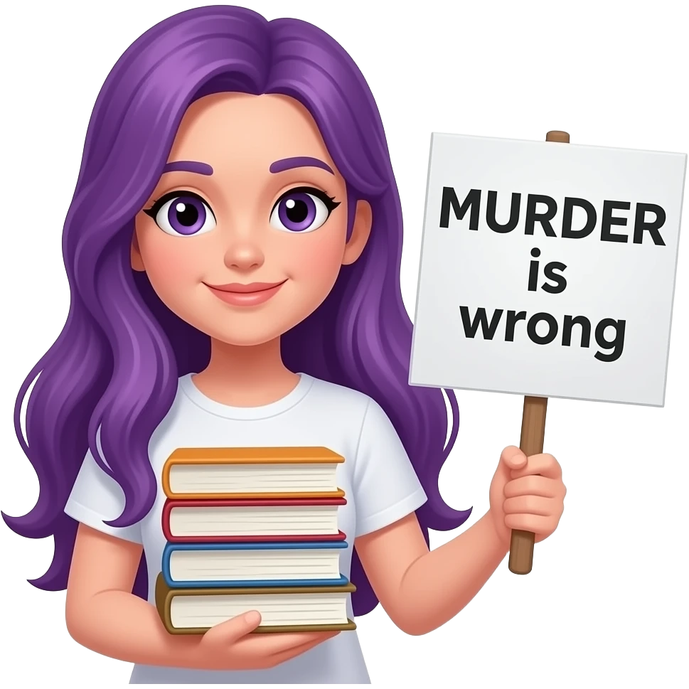 girl with long purple hair with a BOOKS... because MURDER is wrong sign emoji