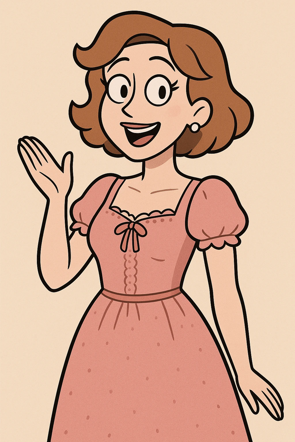 cartoon version of a woman with white skin, short wavy light brown hair, light makeup, wearing a pink dress with beautiful, delicate details, cheerful and charming emoji