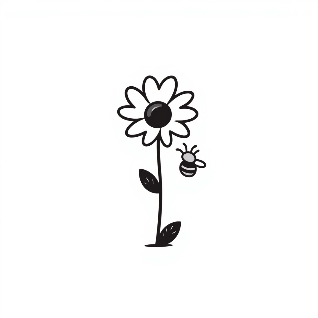 A hand-drawn, black and white doodle of a flower, simple and elegant emoji
