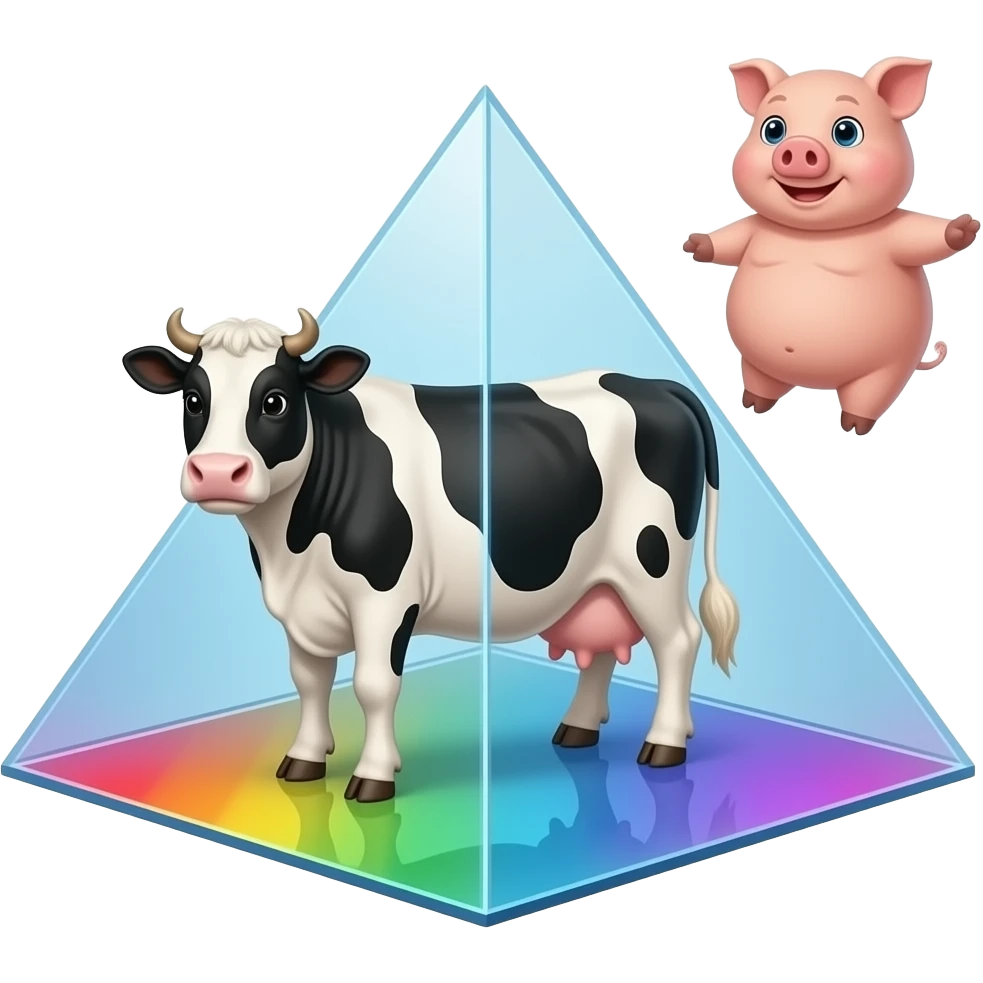 a black and white cow stands inside a glass pyramid floating in space and shining with rainbow colors, outside the pyramid floats a fat pig connected to the cow emoji