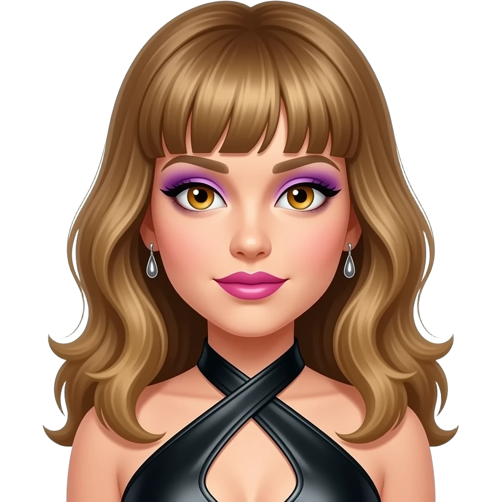 Lee Purcell with amber eyes, long golden brown 70s flick hair, purple eyeshadow, hot pink lipstick, black metallic halter dress, earrings emoji