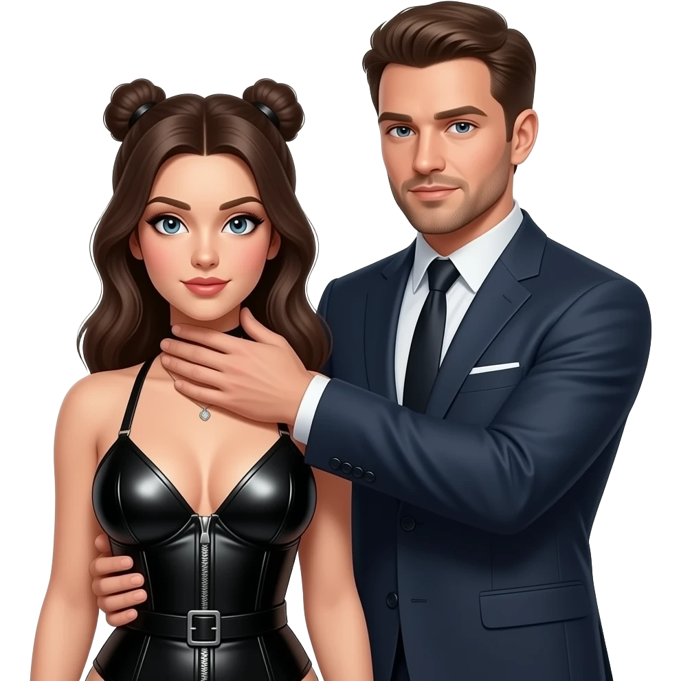 Bdsm Girl fixed with hand on Her neck under the skin from a men beside her. The girl wearing Latex clothing. He evening suit emoji