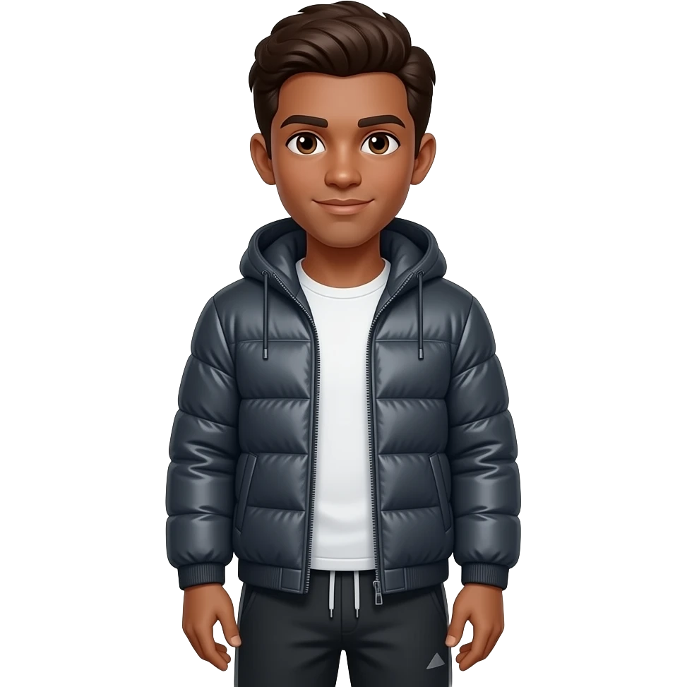 Make a gay Boy with brown skin color, brown eyes and dark Tbrown hair. He is wearing a Softshell Jacket and Sweatpants. emoji