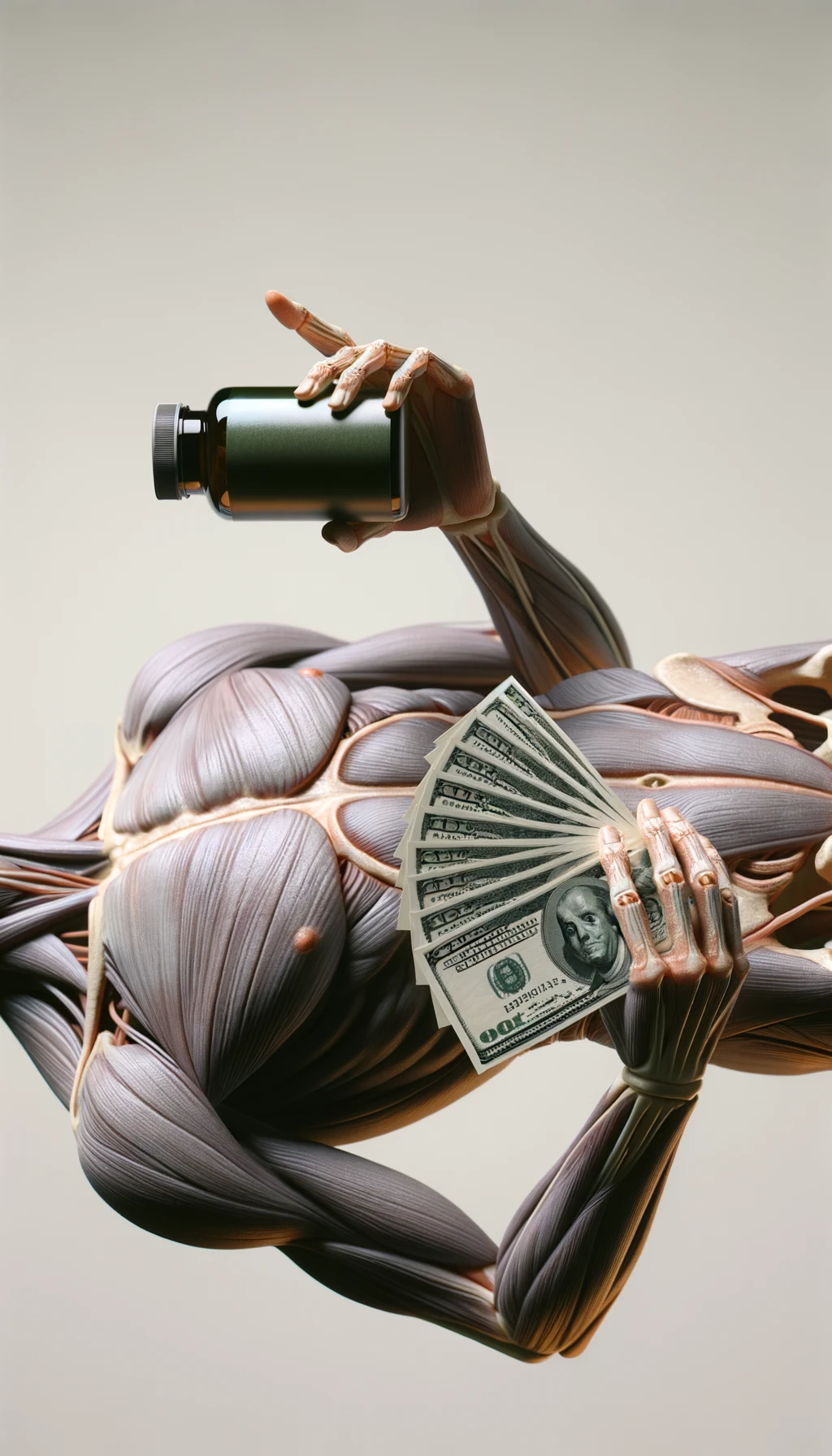 corpo umano anatomico che tiene nella mano destra una boccetta di integratore e nella mano sinistra delle banconote, sfondo neutro chiaro emoji