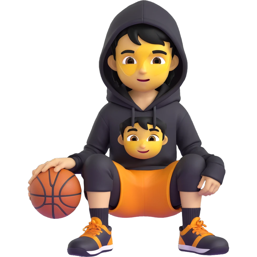 Remove any basketballs and remove his shoes, keep the boy kid sitting in a ring sitting pose, black hoodie with hood off, smirking, black crew socks, black messy hair, black basketball shorts, yellow skin, Microsoft 3D emoji style, with no background. emoji