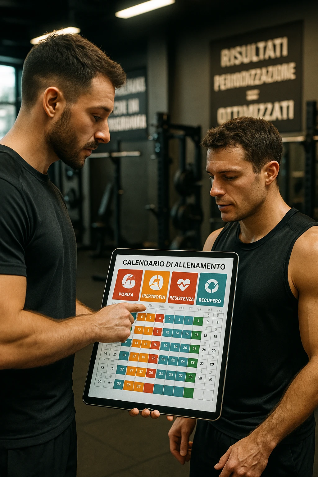 realistic cinematic photo a personal trainer and a client stand in a modern gym, reviewing a large, color-coded training calendar or chart on a tablet. The calendar shows different phases (Forza, Ipertrofia, Resistenza, Recupero) with icons and dates. Around them, gym equipment and motivational posters reinforce the idea of structured, periodized training. in italiano emoji