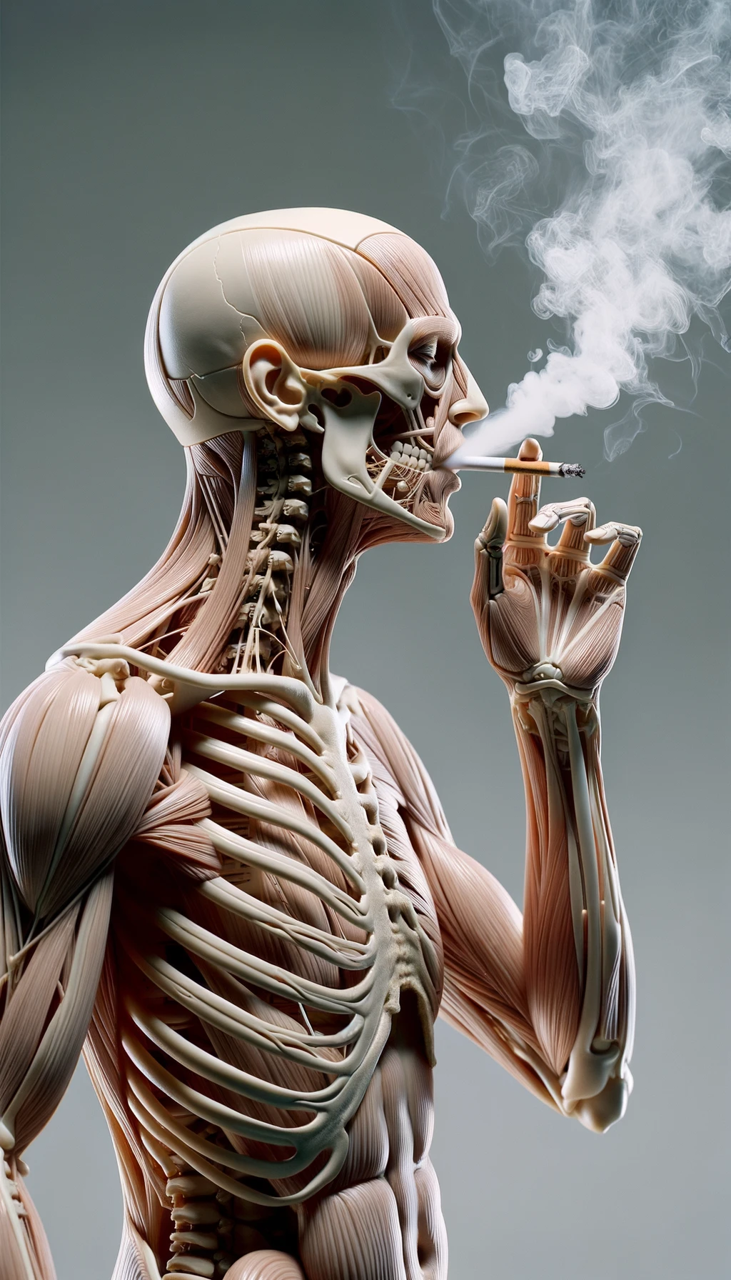CORPO UMANO ANATOMICO CHE FUMA UNA SIGARETTA E TOSSISCE, NEUTRAL CLEAR BACKGROUND, iperrealistico 4k emoji