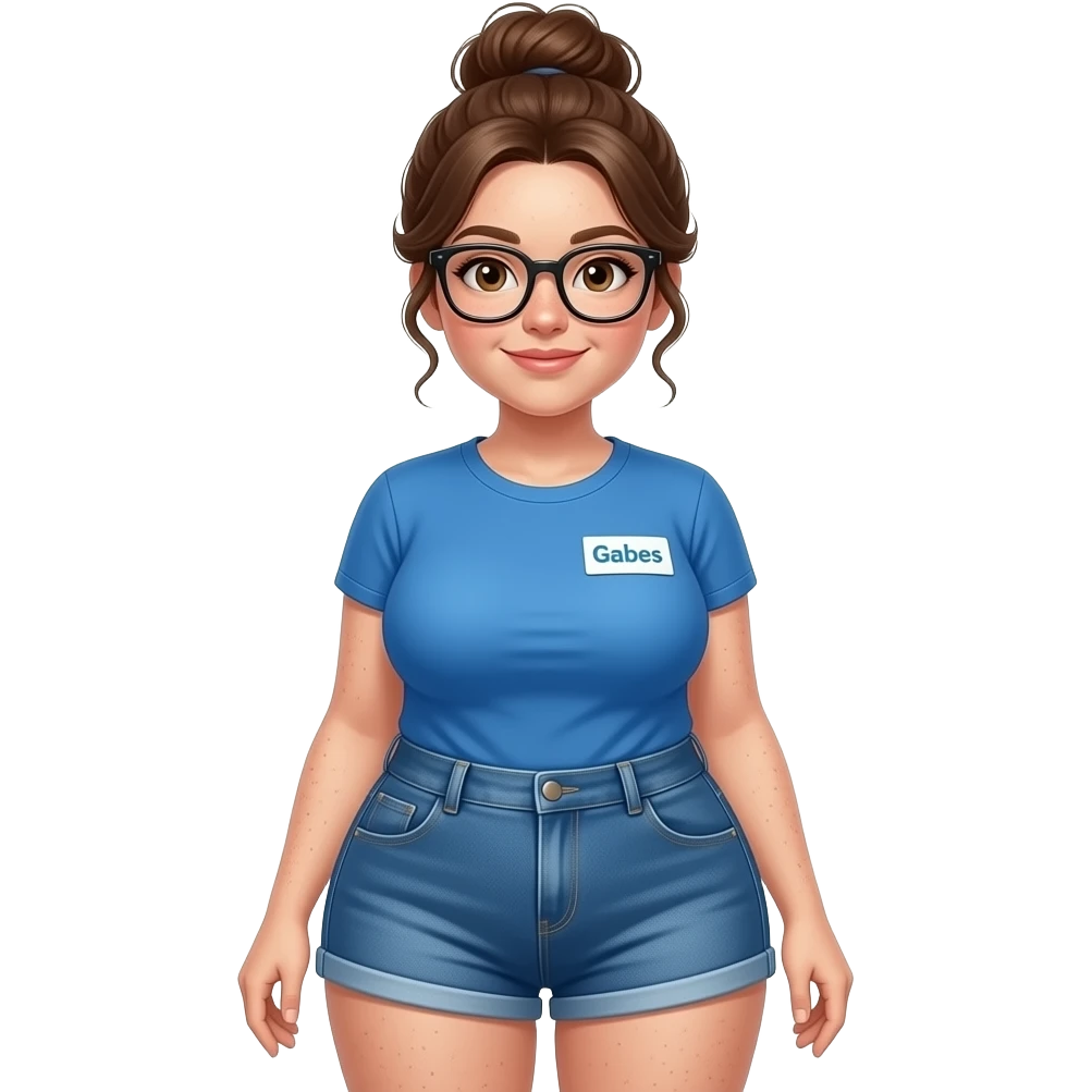 A lightly Freckled face, brown eyed woman with brown messy bun and black frame glasses with big boobs and blue tshirt, with a name tag on the upper right side of her shirt that's a white tag and says Gabes in blue letters,  also with Shorty blue jean shorts and a big booty. emoji