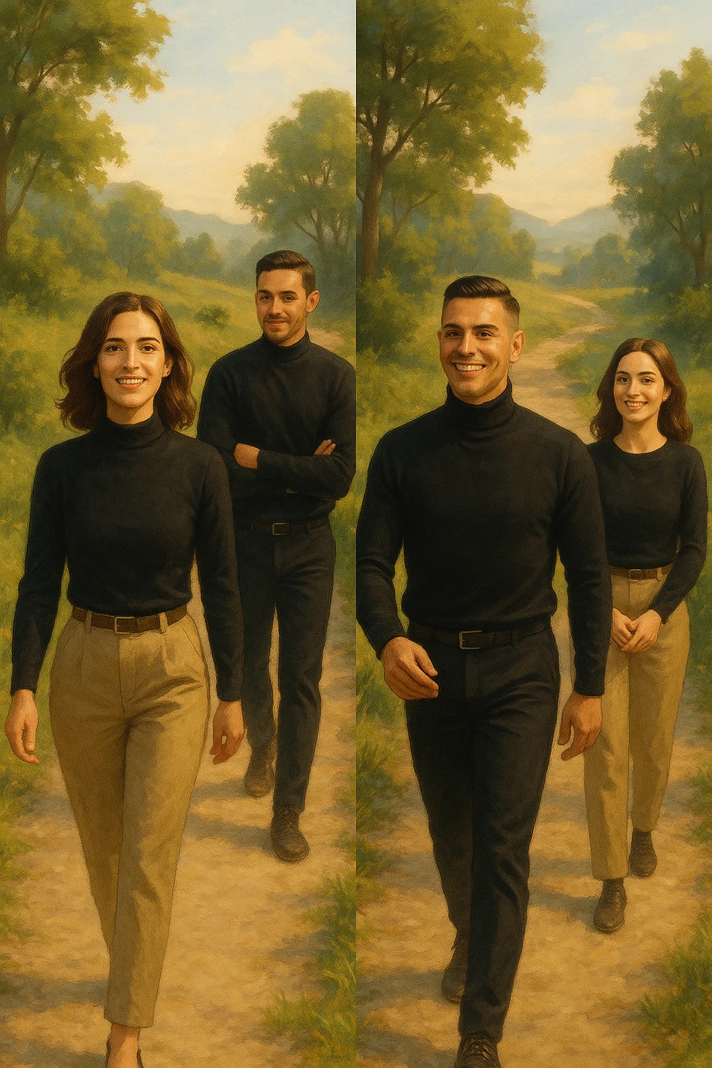a man and a woman walk together along a winding path in a natural landscape. In one version, the woman leads confidently while the man follows a few steps behind, looking at lei con ammirazione. In un’altra versione, i ruoli sono invertiti, con l’uomo che guida e la donna che lo segue sorridendo. La scena trasmette l’idea che entrambi possano guidare o seguire, a seconda del momento. emoji