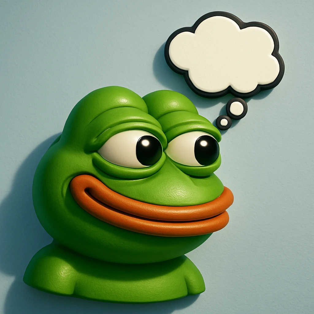 make a pepe in bright green smiling with thought bubble looking at right side in 3d style, good highlights and shadows, drop shadows emoji