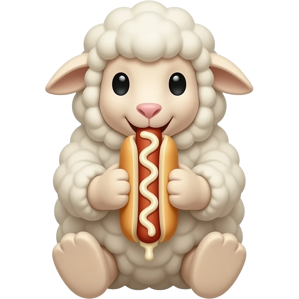 sheep plush on its knees eating a hotdog in its mouth with covered in lots of sticky mayo emoji