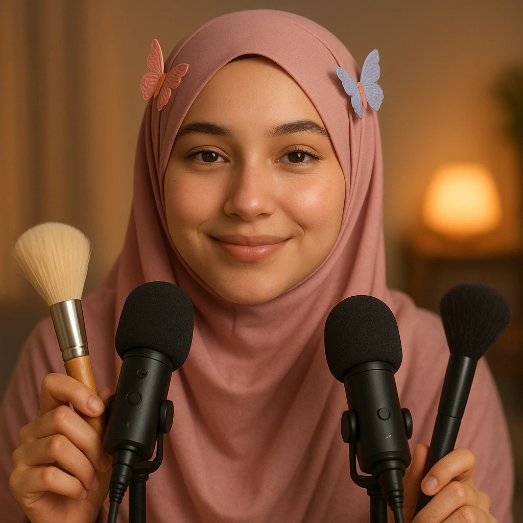 ASMR content creator girl, pink hijab with butterfly hairclips on left and right, gentle smile, surrounded by ASMR props emoji