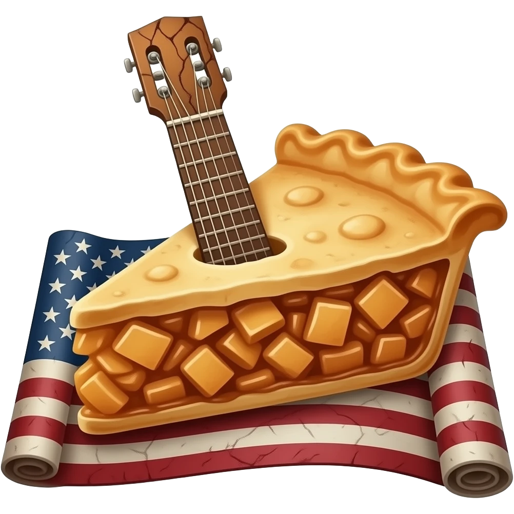 An old guitar peeks out from a piece of apple pie that is placed on a rolled-up old American flag. emoji