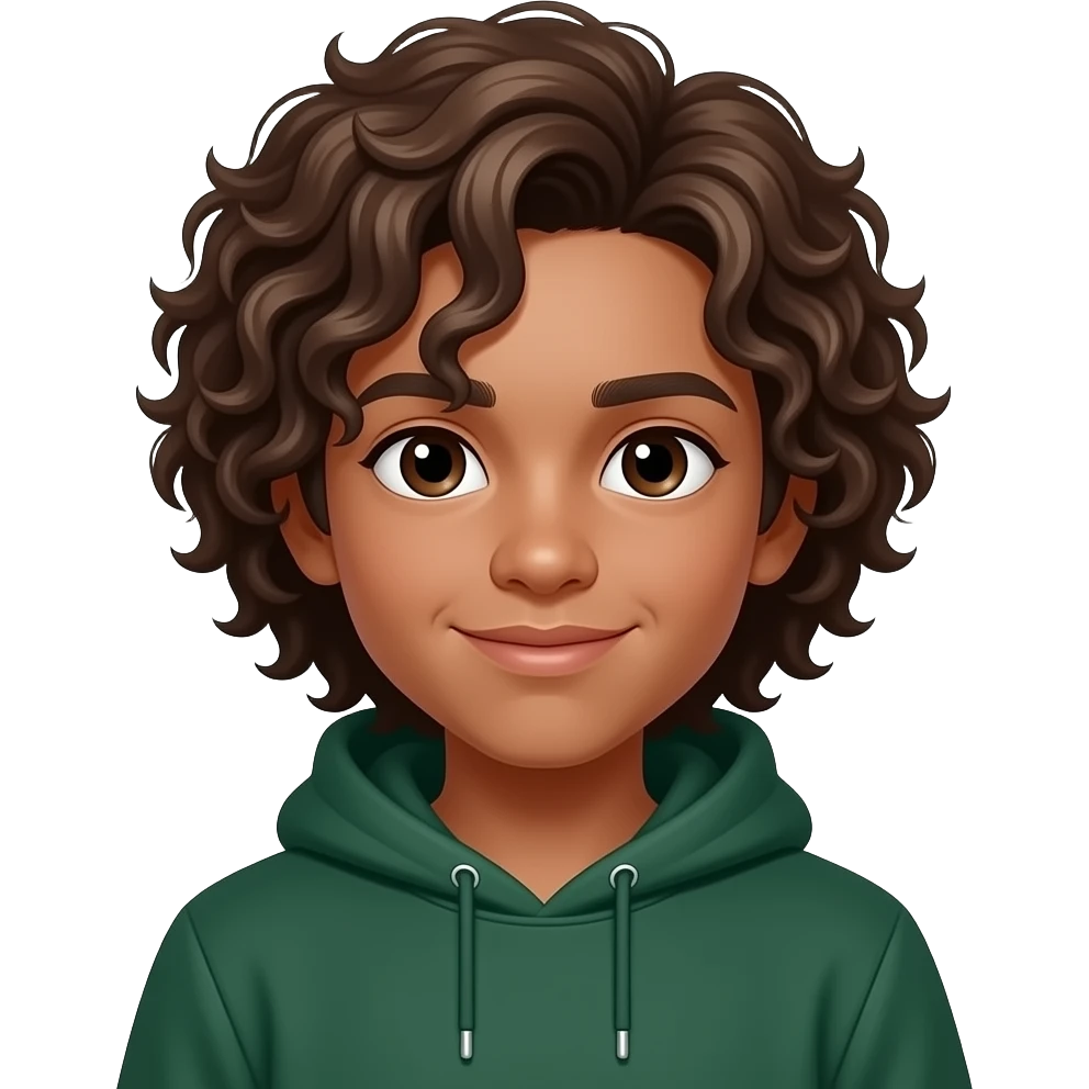 young cute teen boy with dark brown skin and very, very long ringlet hair wearing a dark green hoodie emoji