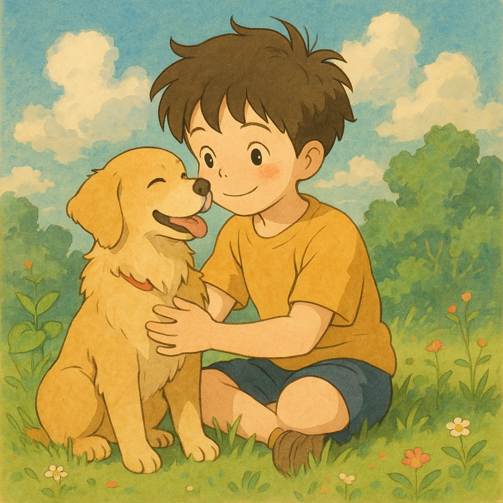 kid and his pet dog in studio ghibili style emoji