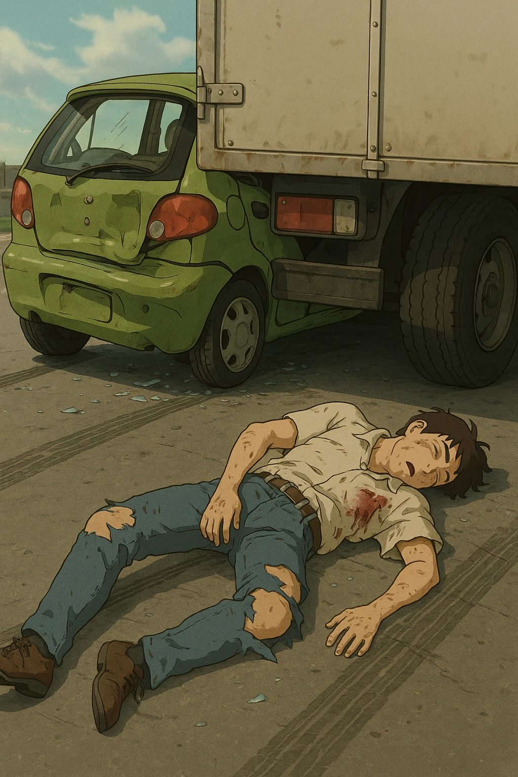 A dramatic accident scene in the style of photorealism. A Matiz car has crashed into the back of a large cargo truck. In the foreground, a man lies unconscious on the asphalt, slightly twisted to the side. His left leg and pelvic bone appear broken and unnaturally positioned. Blood stains are visible near his hip and knee. His clothes are slightly torn from the impact. The surroundings show tire skid marks, broken glass, and a slightly deformed Matiz bumper pressed into the truck's rear. The lighting is natural daylight with a somber, tense atmosphere. Focus on realism, injury detail, and emotional gravity of the scene. emoji