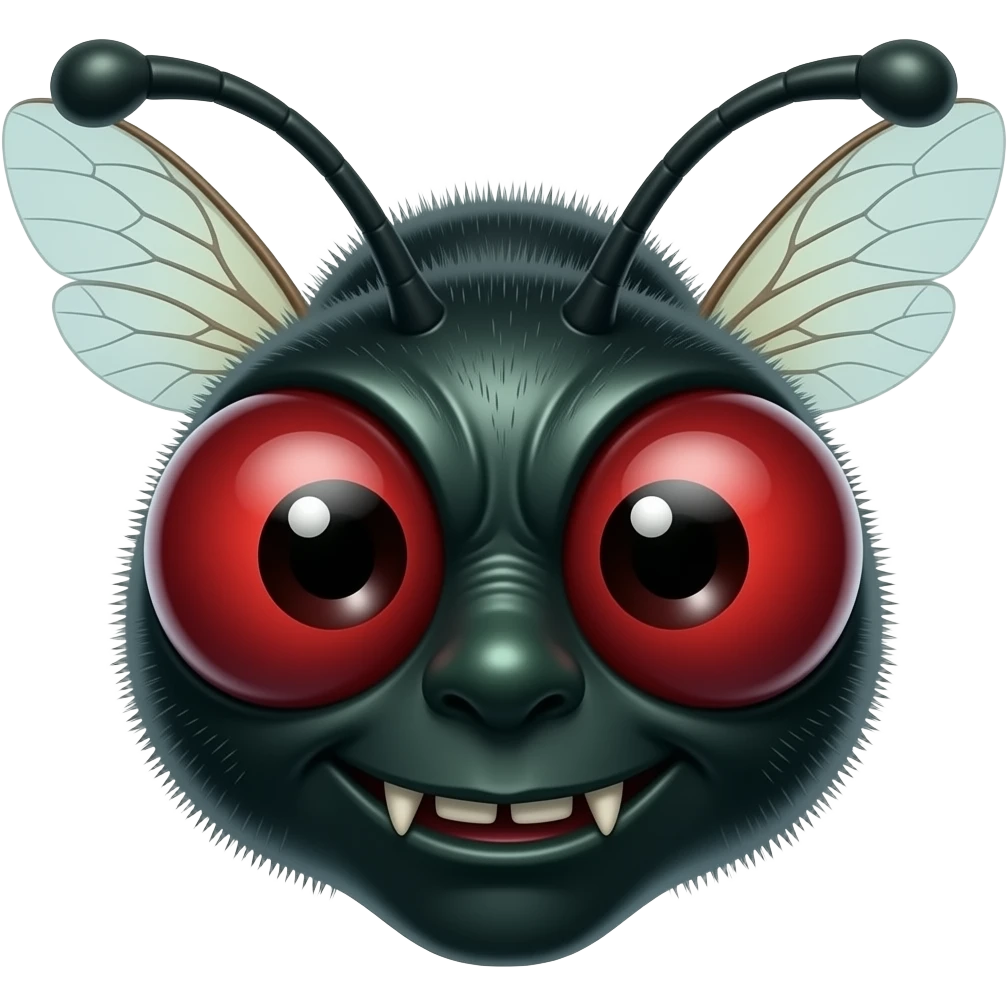 Creepy fly-man villain emoji, bulging red compound eyes, small sharp fangs, dark green/black skin, tiny insect hairs, semi-transparent wings behind head, mischievous evil grin, glossy emoji style, soft lighting, centered face only, clean background, high detail, slightly disgusting but playful emoji