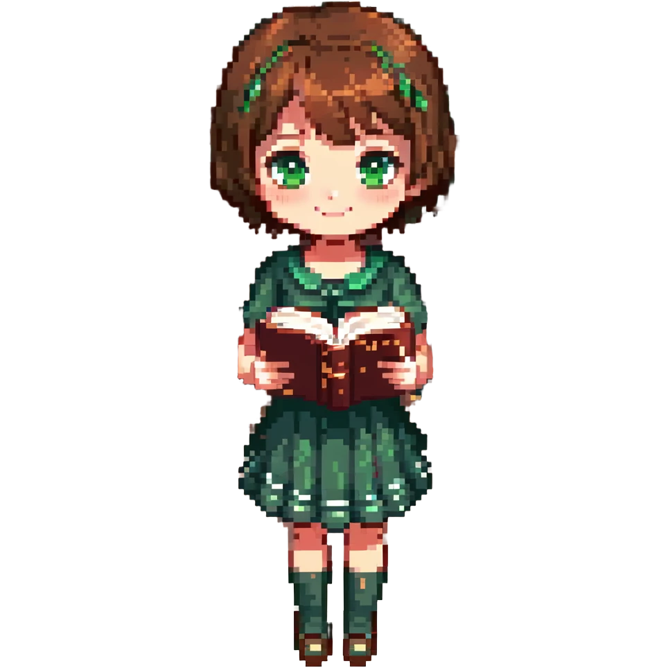 pixel art chibi girl with short brown hair, large sparkling eyes, green dress, book in hand, smiling gently, standing facing forward, bright colorful palette, soft shading emoji