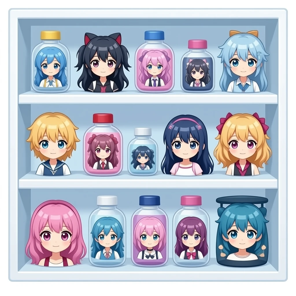 货架上陈列了动漫周边，要求写实，以蓝色粉色为主 emoji