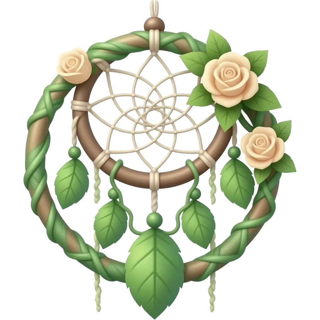 Green white brownish beige dreamcatcher, pastel colors, whitish, light, green academia aesthetic, mossy, with green vines and beige roses emoji
