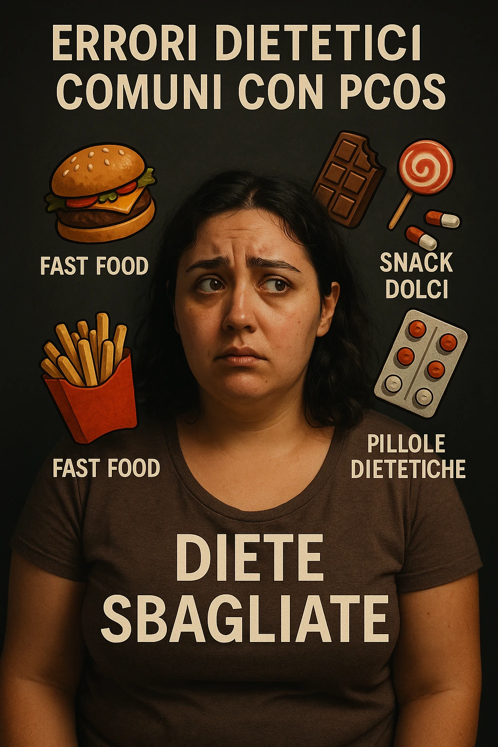 vertical realistic cinematic image in Italian: woman with PCOS following wrong diets, symbols of dietary errors, confused expression, captions in Italian, aspect ratio 2:3 emoji