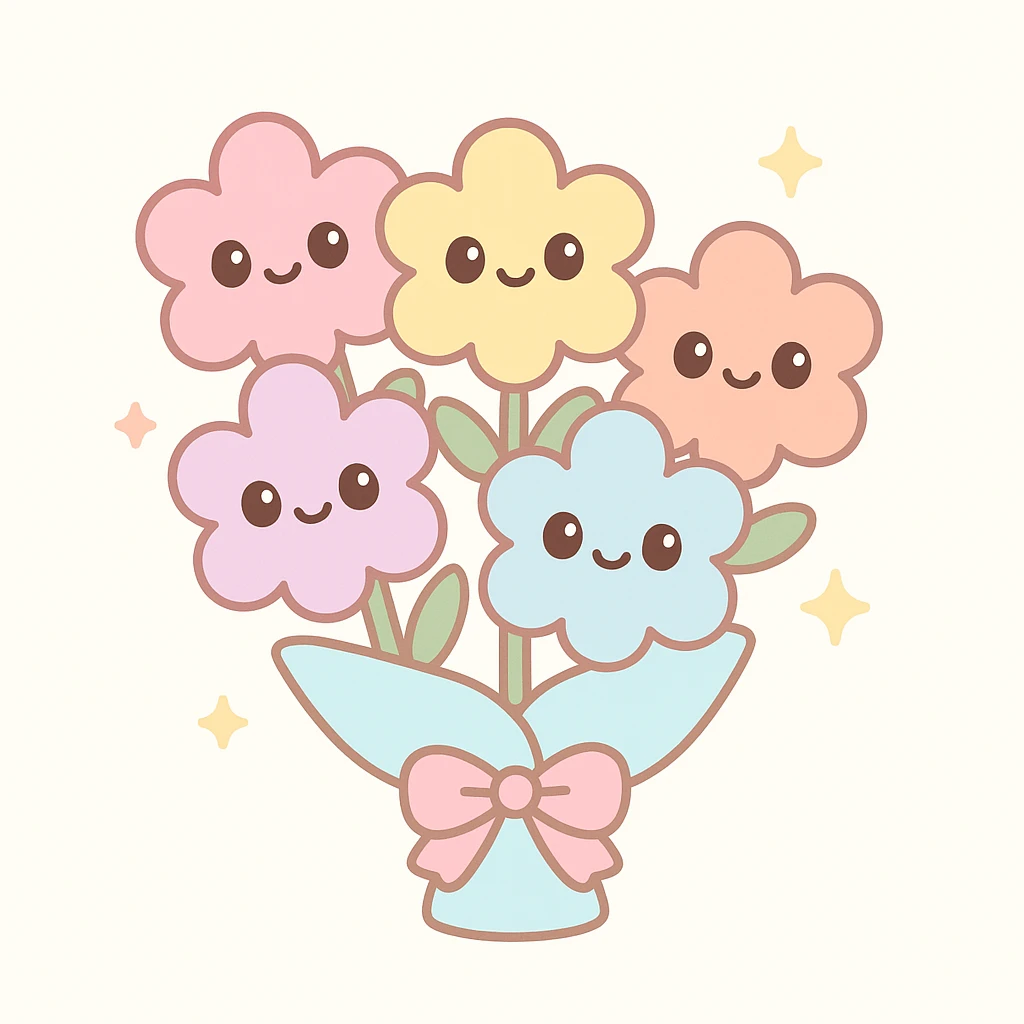 kawaii style bouquet with smiling flowers, pastel colors, cute and cheerful emoji