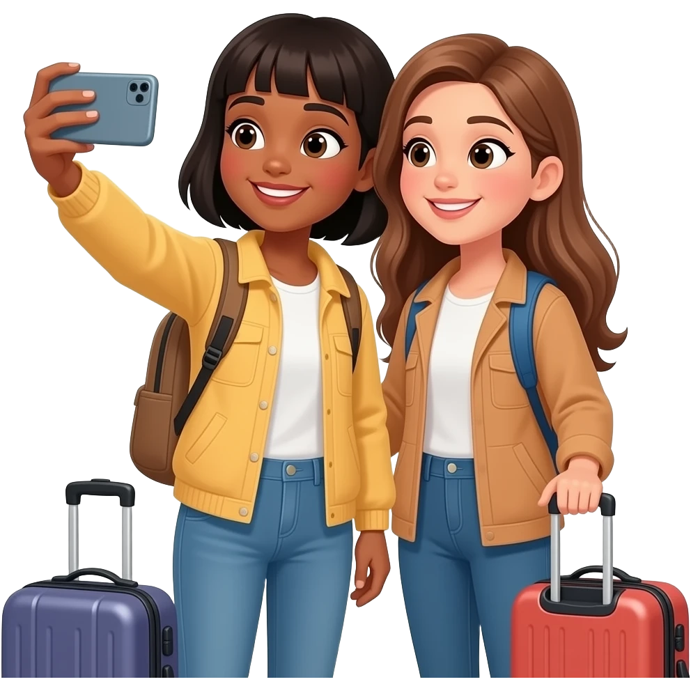 A black girl with bangs and a Hispanic girl with long light brown hair taking a selfie together. Both wearing comfortable travel clothes and suitcases at the airport in the background emoji