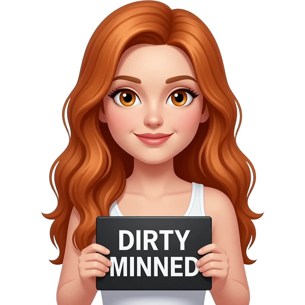 sexy girl with long ginger hair and ginger eyes wearing a white tanktop is holding a black sign with DIRTY MINDED written on it emoji