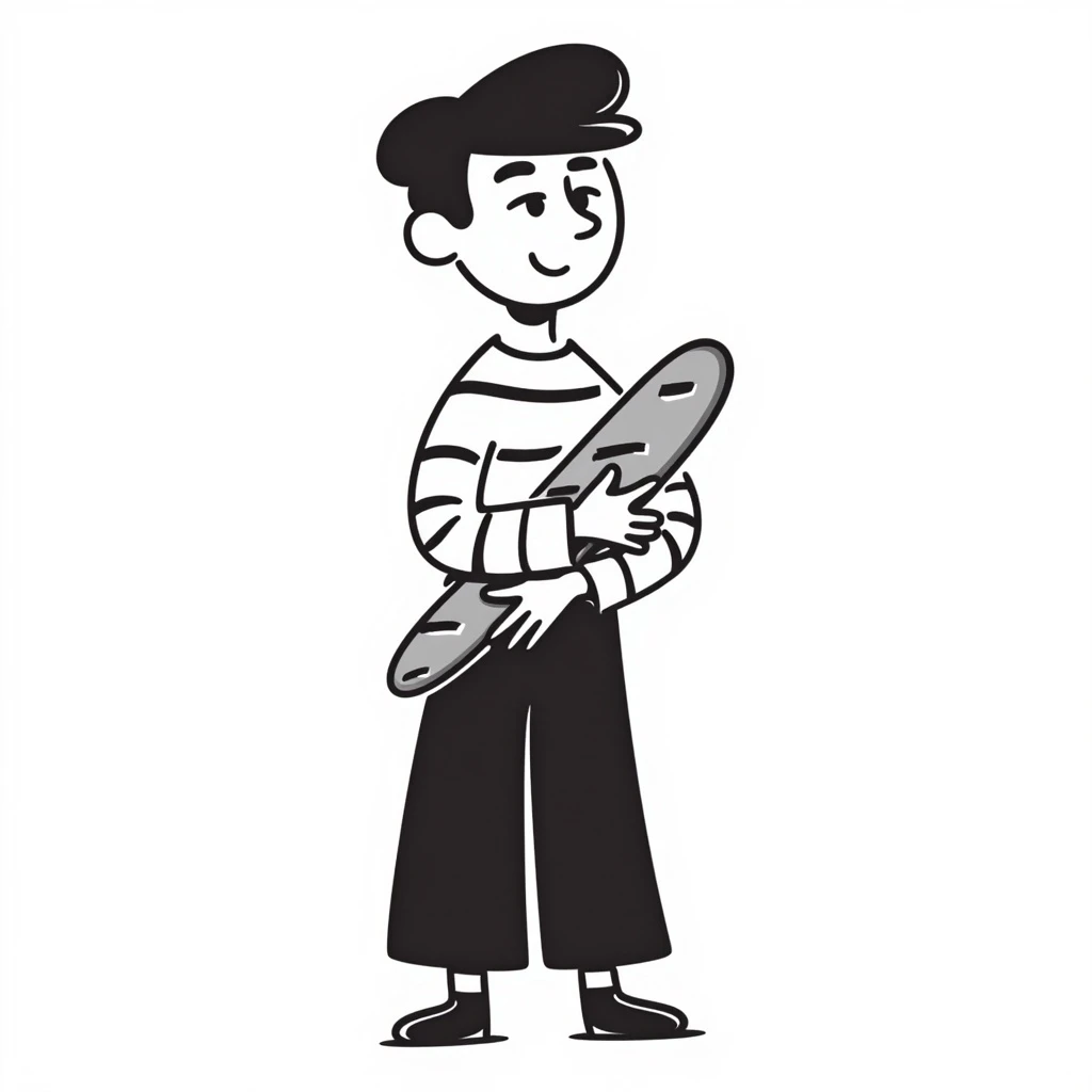 A Frenchman with a beret, holding a baguette under his elbow, wearing a black and white striped shirt, hand-drawn doodle style. emoji