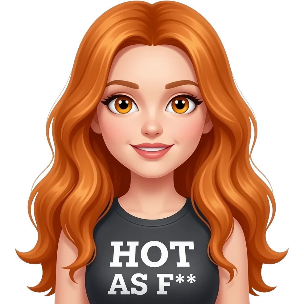 sexy girl with overlong ginger hair and ginger eyes a top with HOT AS F*** written on it emoji