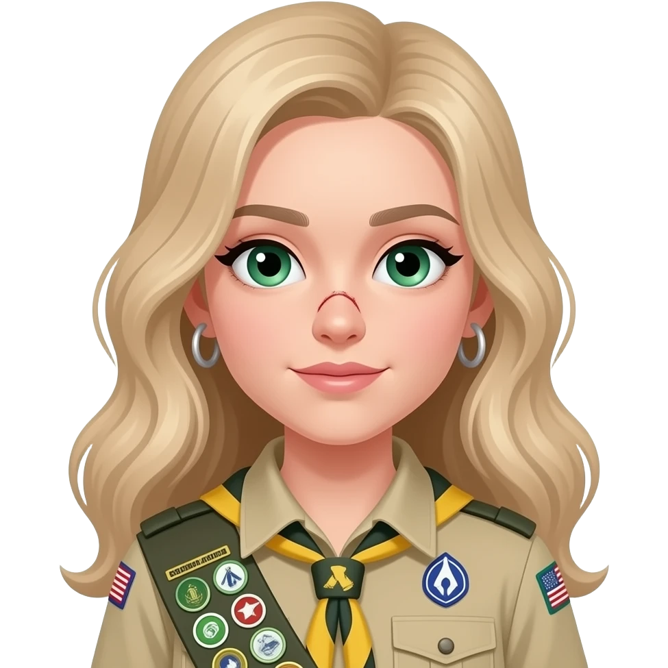 draw a girl in scout uniform with light ,wavy , long hair and green eyes and a scar on her nose she has also some earrings and the hair is flat emoji