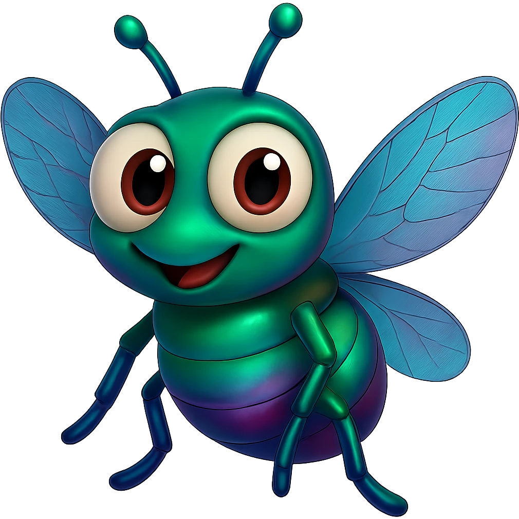 can you change its colors to look more like a real fly but leave it colorful, just add some Iridescent like on a real fly. leave the eyeballs white. trasparent background emoji