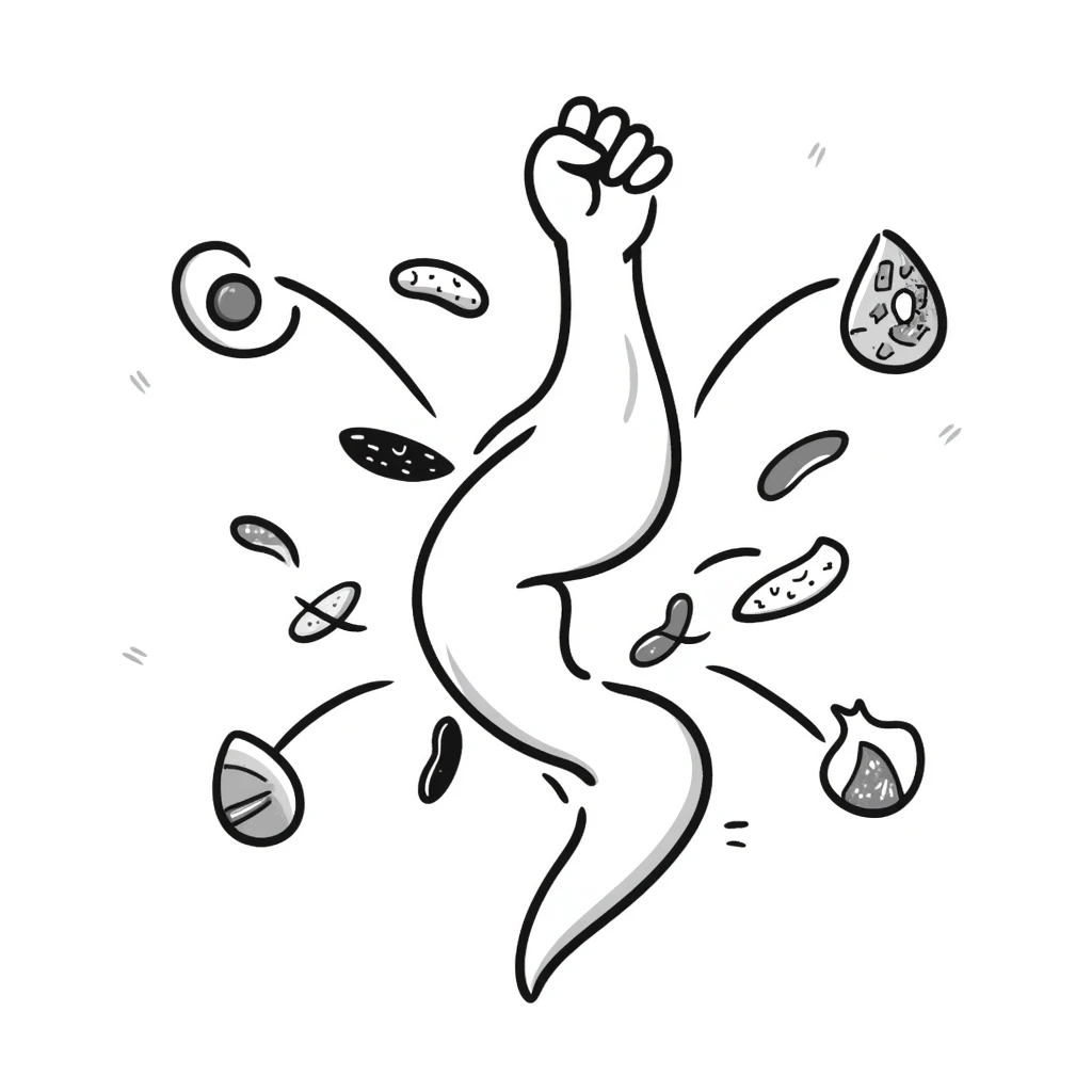 Glowing muscle fibers in the center, with protein foods (meat, egg, beans, tofu, yogurt) floating around but connected to each other forming a unified chain or cluster orbiting the muscle fibers. emoji