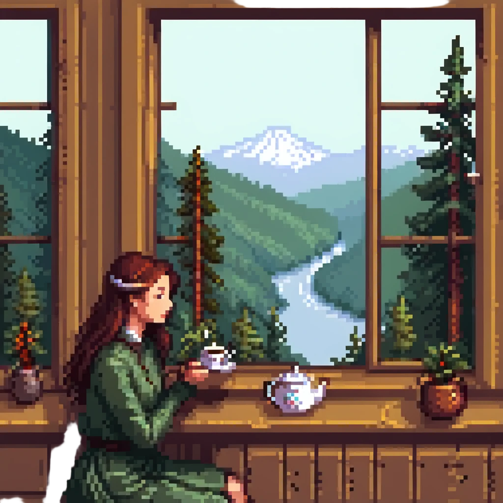 A woman enjoying tea by a window with a forest view emoji