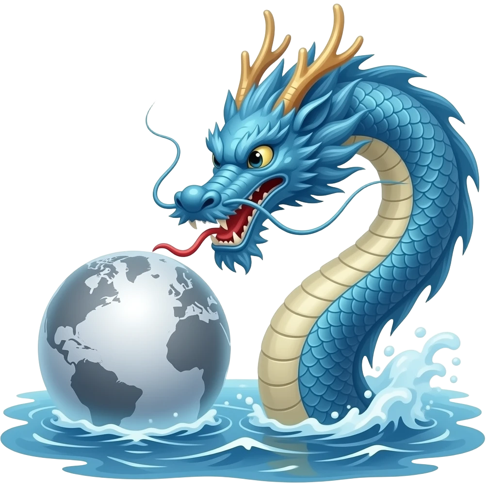 A long blue Chinese serpentine dragon emerges from the sea and hovers above the surface, playing with the silver planet. emoji
