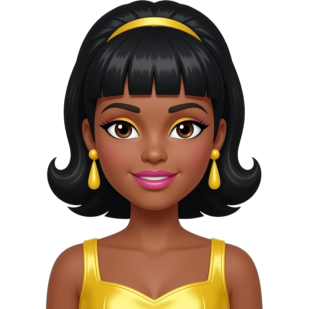 Christie from Barbie and Friends with dark skin, dark brown eyes, black 60s beehive hair, yellow eyeshadow, pink lipstick, yellow metallic dress, yellow earrings emoji