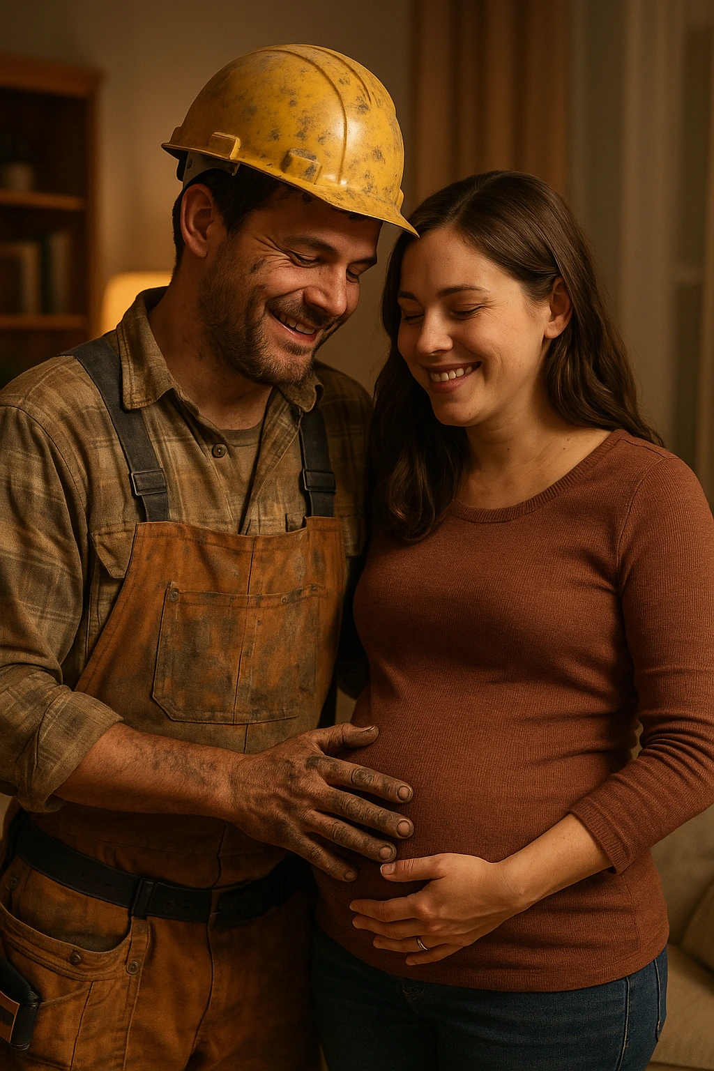 The construction worker and his pregnant wife sharing a quiet moment after the repair, his hands still dirty, her hand on her belly, both smiling, homey background with warm lighting. emoji