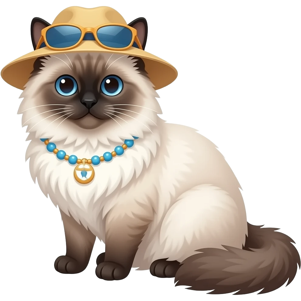 Ragdoll cat with beach necklace and a summer hat emoji