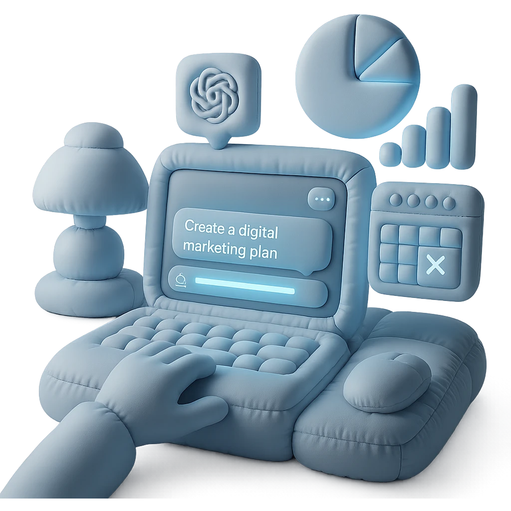 A sleek, modern workspace in neon blue lighting. A hand types ‘Create a digital marketing plan’ into an AI chatbot interface (ChatGPT-style), and the screen glows with graphs, content calendars, and digital marketing charts animating out of the screen in a 3D futuristic style. High-tech background, cinematic lighting.” emoji