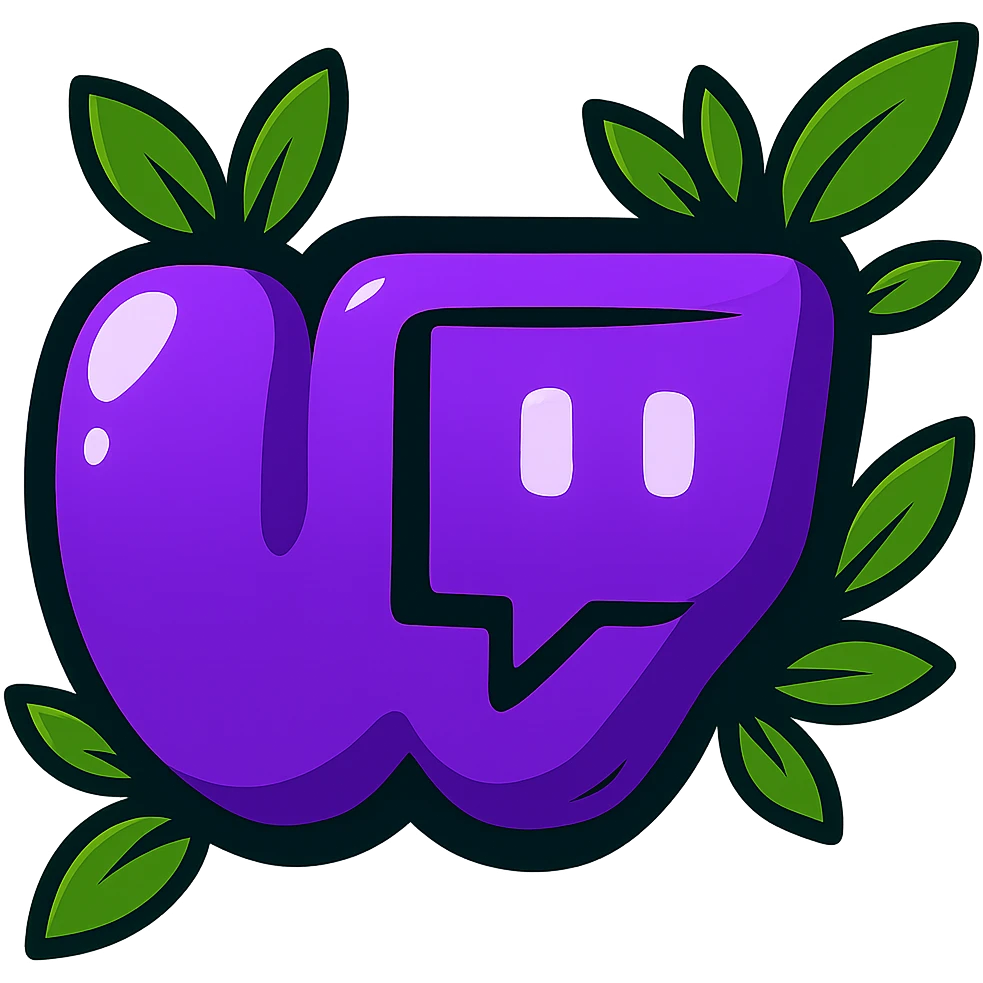 Chunky, soft, and glossy Twitch logo, cartoon style, bold outline, strong shadows, bright highlights, decorated with colorful leaves, no background. Extra attention to contours and shine, in the style of the reference image. emoji