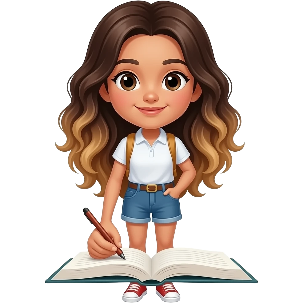 Filipino girl with wavy hair brown balayage studying emoji emoji