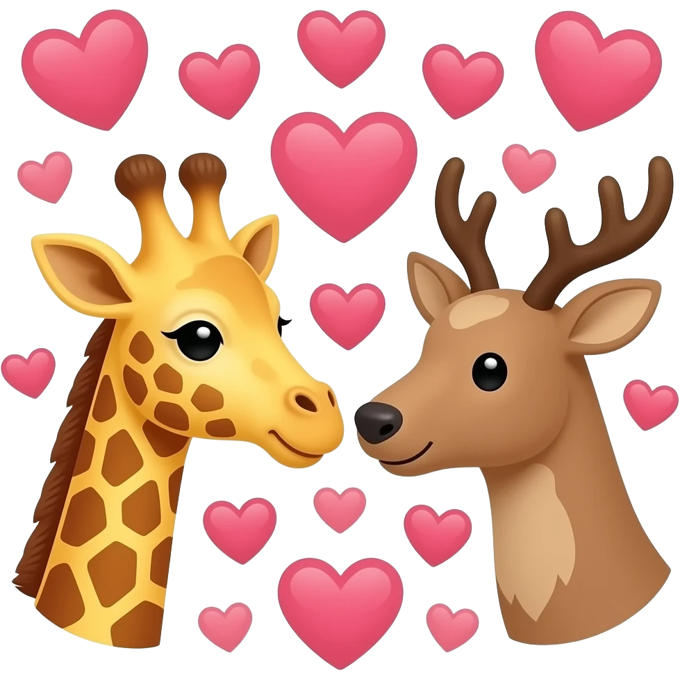 Einfacher Giraffenkopf und Elchkopf schauen sich an mit vielen Herzchen emoji