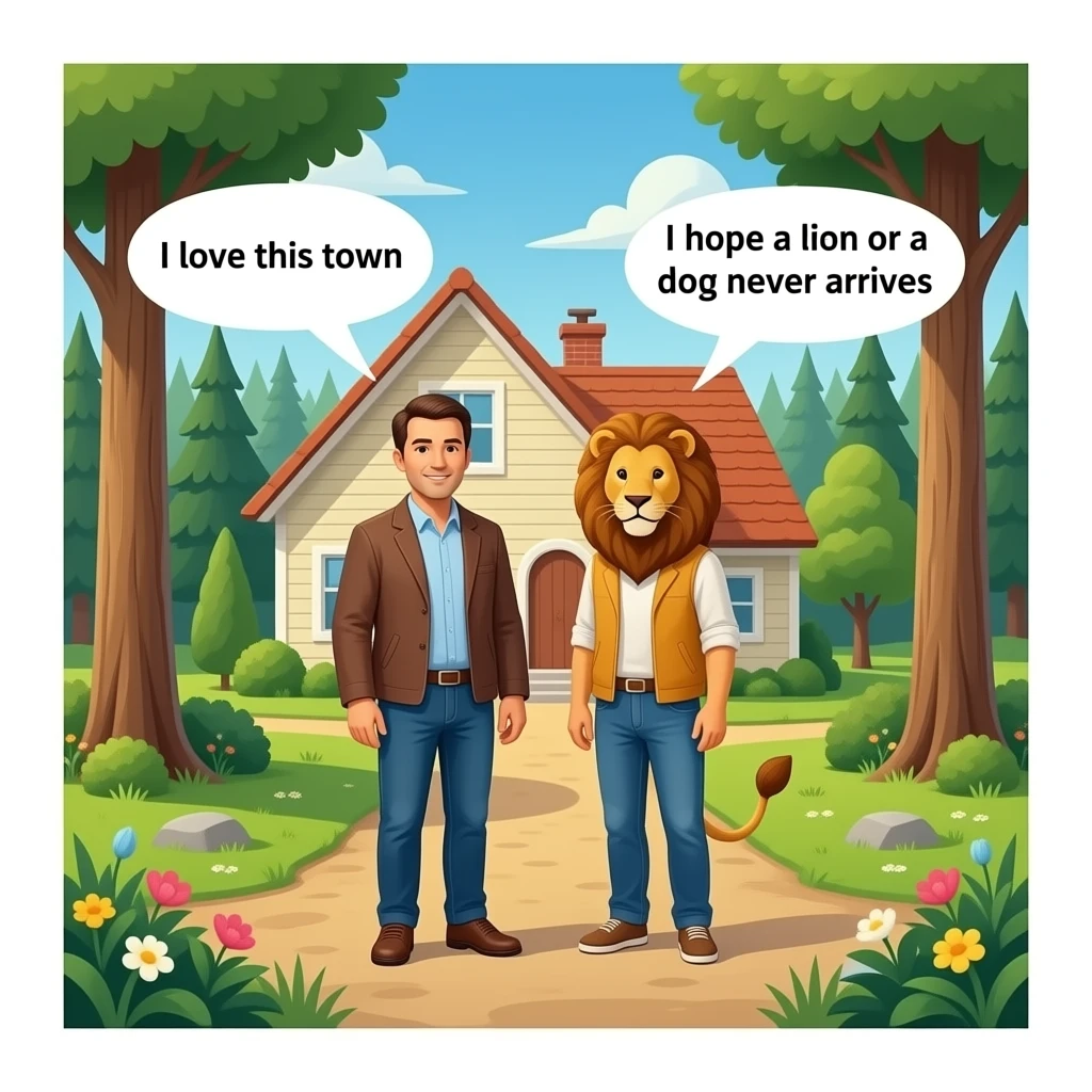 un publo con un bosque y casa de epoca 2026 con personas que sea realistas que una person diga en ingles:me encanta ese pueblo y otra persona que diga:espero que nunca llege un leon o un perrro  pero que no apareccan en la imagen solo las personas emoji