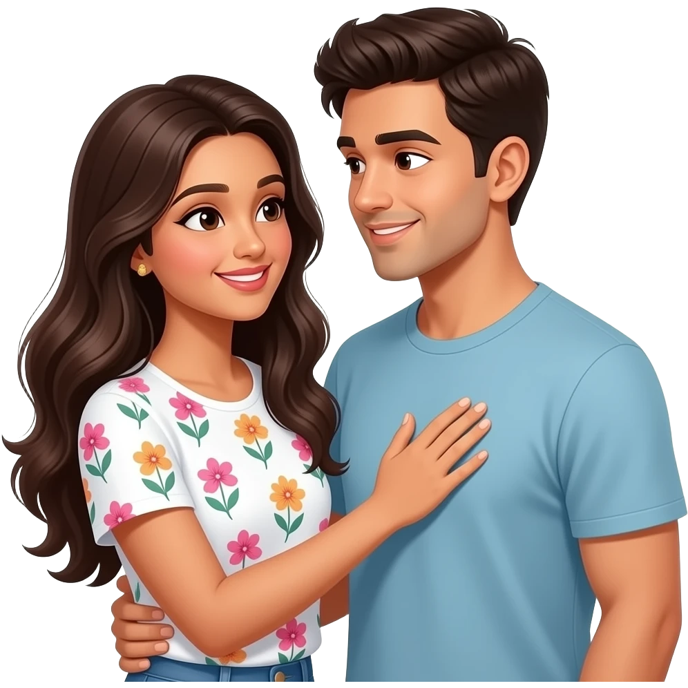 long haired Indian lady in white floral T-shirt holding her hand on boyfriend heart looking at each other lovingly smiling shyly emoji