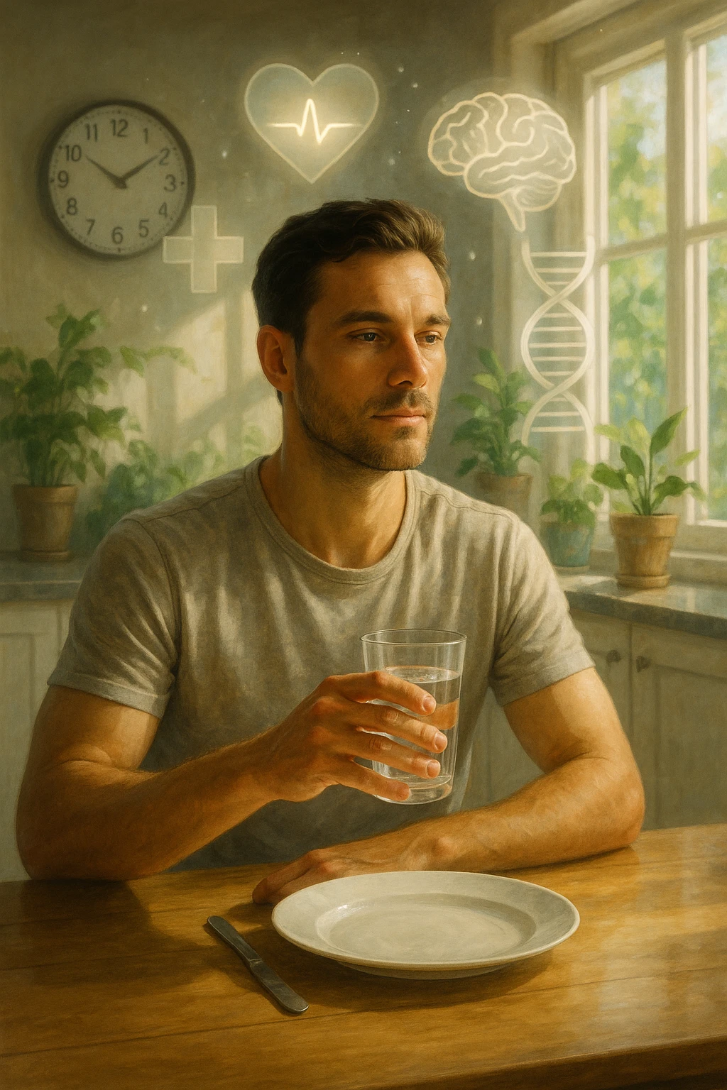 A realistic, cinematic illustration of a healthy, calm man in his early 30s sitting in a bright kitchen in the morning, with an empty plate in front of him and a glass of water in his hand, looking serene and focused. Behind him, the background shows subtle symbols of health: green plants, sunlight streaming in, and a blurred wall clock showing 10:00, symbolizing the fasting window. Above the man, a translucent overlay of medical icons (heart, brain, DNA strand) glows softly, illustrating that intermittent fasting acts as a powerful medicine, not merely a diet. The color palette is fresh and natural, emphasizing health, clarity, and focus. The style is realistic with slight cinematic tones, conveying that the man is using intermittent fasting as a tool for cellular regeneration, inflammation reduction, and health optimization rather than weight loss emoji