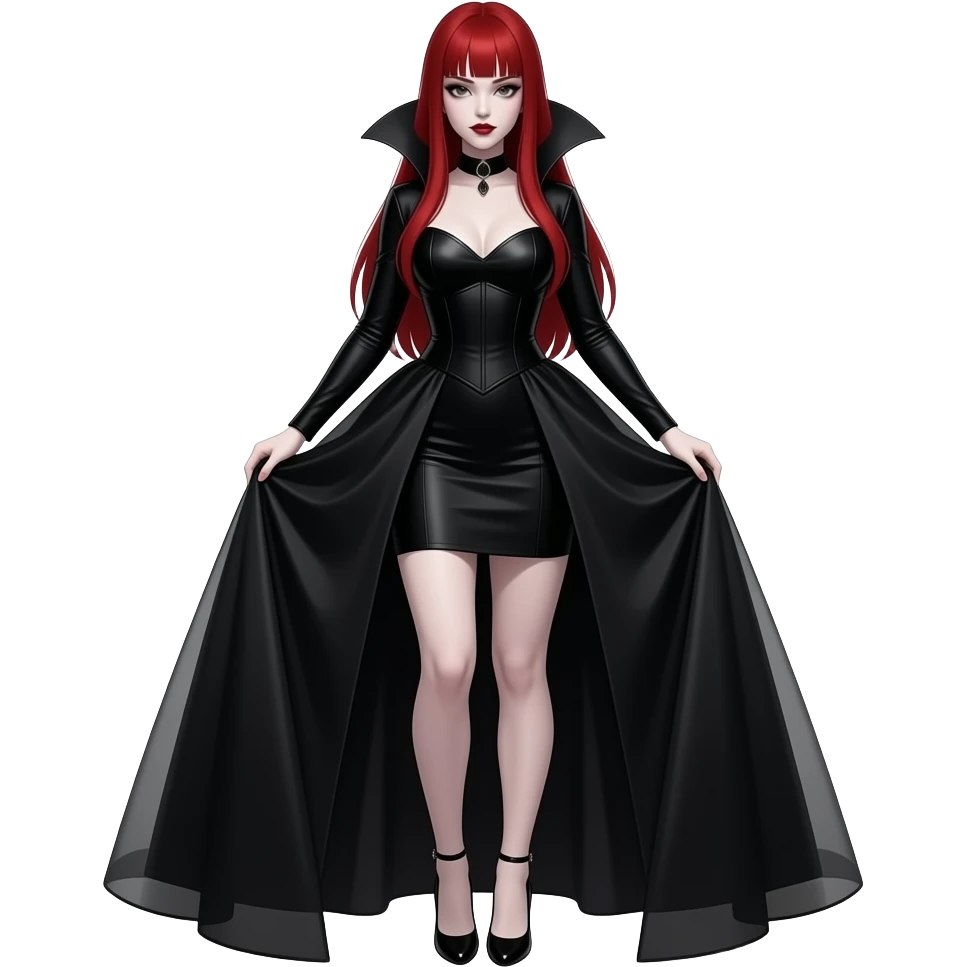 Vampiro femmina con pelle bianca capelli lunghi  rossi dritti e la frangetta che indossa un abito stretto in vita e largo sotto che arriva alle ginocchia nero con maniche lunghe e con tacchi alti emoji
