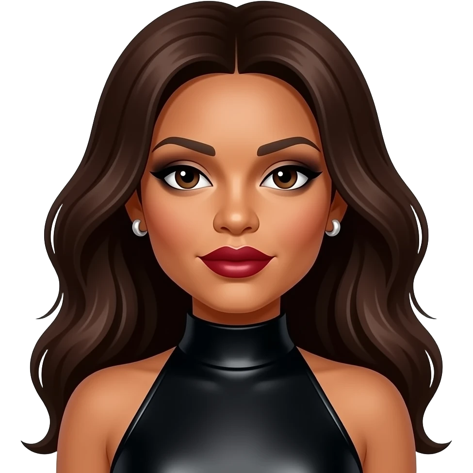 Janet Jackson with dark brown eyes, long dark brown hair, black eyeshadow, dark red lipstick, black metallic high neck dress, silver earrings emoji