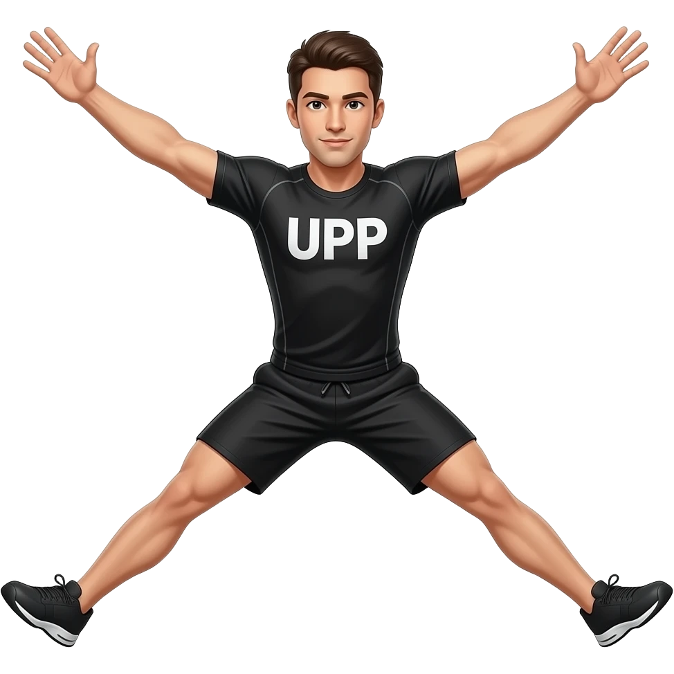 guy-wearing-all-black-workout-top-and-blakc-shorts-doing-jumping-jack-arms-up-and-out-legs-up-and-out-as-if-her-opposing-arms-and-legs-are-in-line-like-an-x with "UPP" written in middle of his shirt emoji